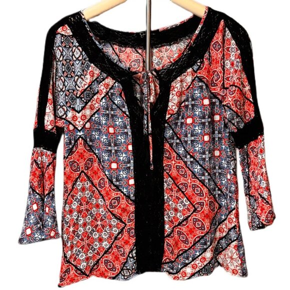 Jessica Simpson BOHO Peasant Top Lace Trim Blouse Colorful V-neck Flowy Medium - Picture 1 of 9